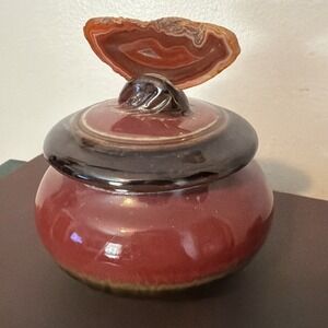 Vintage Wingar Pottery Stoneware Lidded Apothecary Jar w/ Agate Stone Handle